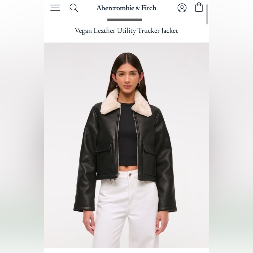 Abercrombie & Fitch Black Vegan Leather Jacket with Cream Collar